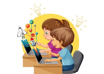 Vector of Two Kids Studyinhg